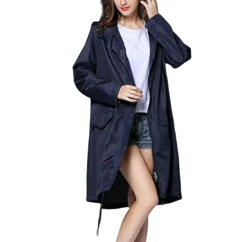 Fashion Women Rain Coat Solid Color Portable Outdoor Hiking Zipper Long Poncho Rain Jacket Cover Waterproof Hooded RaincoatX240921