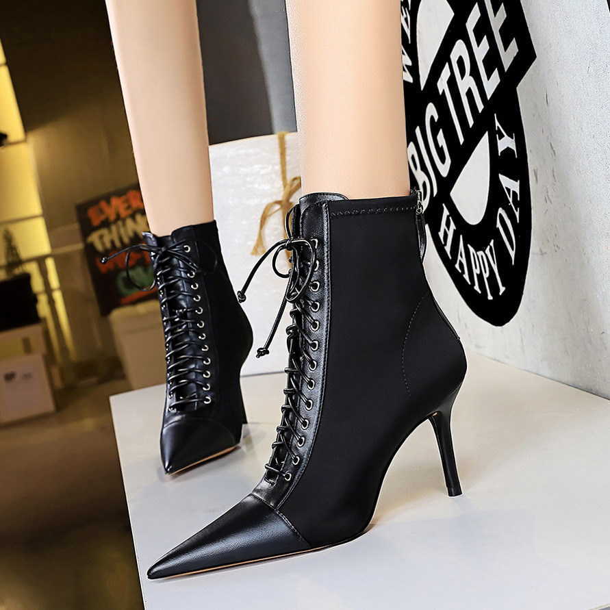 CMM Korean Fashion Sexy Slim Womens Boots Thin Heels High Heels Shallow Mouth Lace Up Cross Short Boots