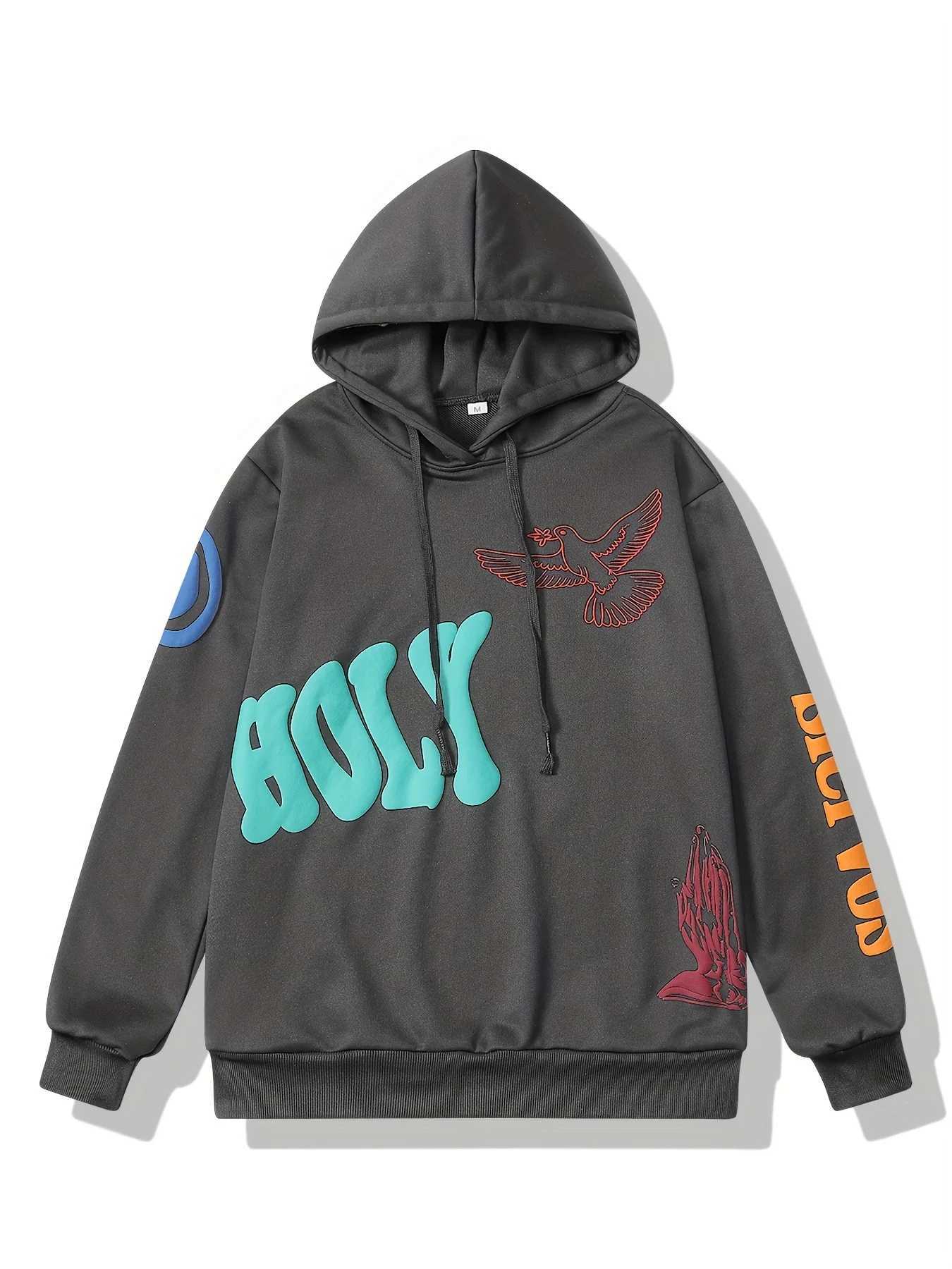 2024 mens and womens autumn hoodies with pigeon pattern and bubble letter printing long sleeved and drawstring casual hoodies W240921