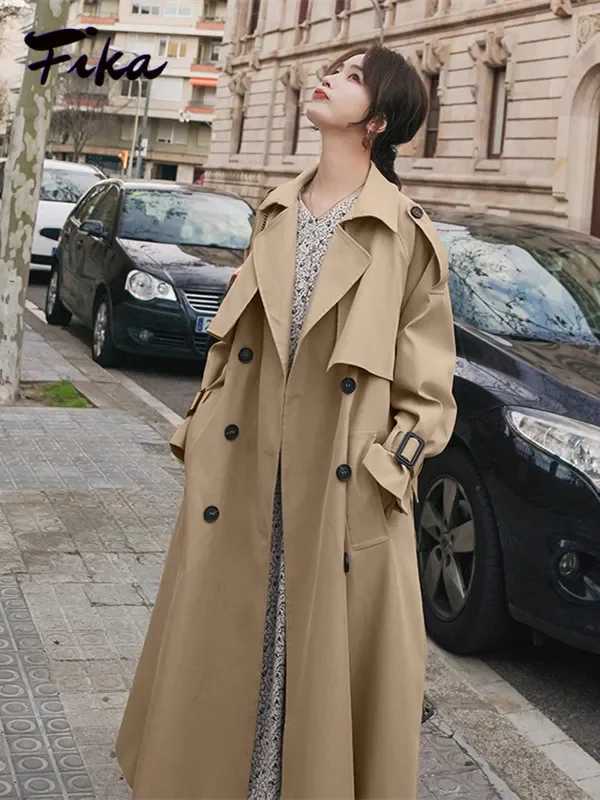 Vintage V Neck Double Breasted Windbreaker Coats Women 2022 Casual Solid Color Slim Fit Long Coat Elegant Trench Coat for WomenX240921