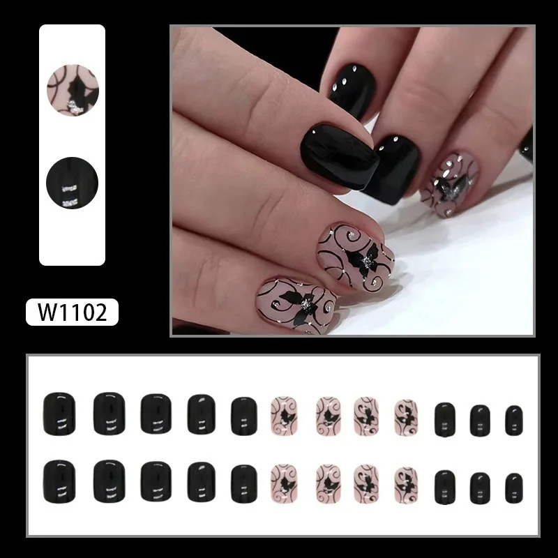 24pcsset Short Square Europe and America Fake Nails Black Vine Butterfly Fake Nails Artificial Acrylic Press On Nail Art tips 240914