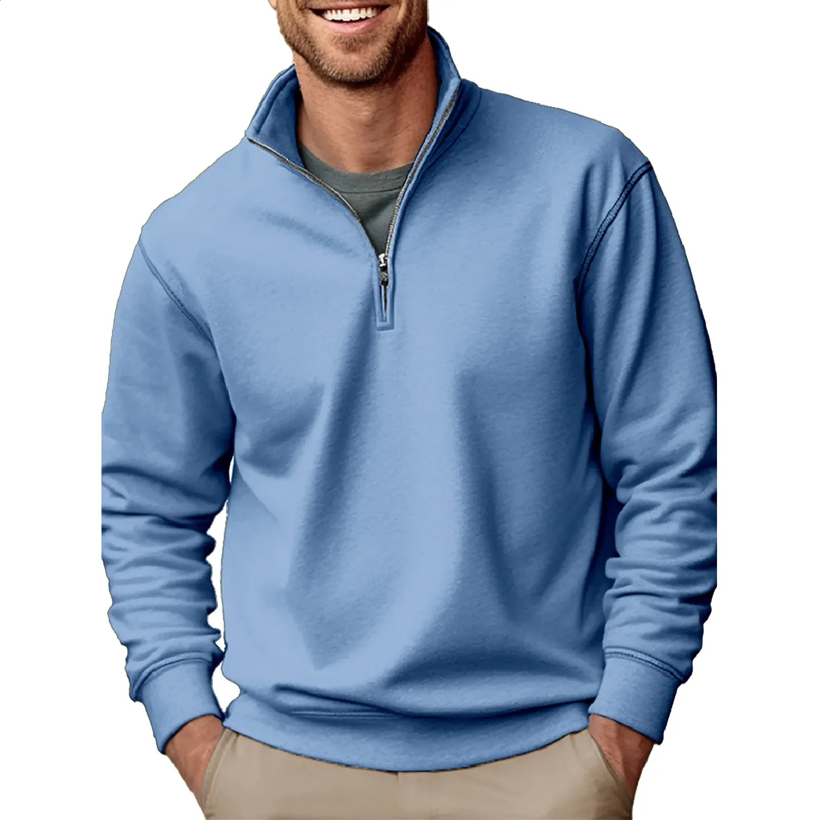 Wool Thickened Mens Solid Sweatshirt Casual Half Zipper Vertical Neck Hoodie Autumn Loose Sports 240911