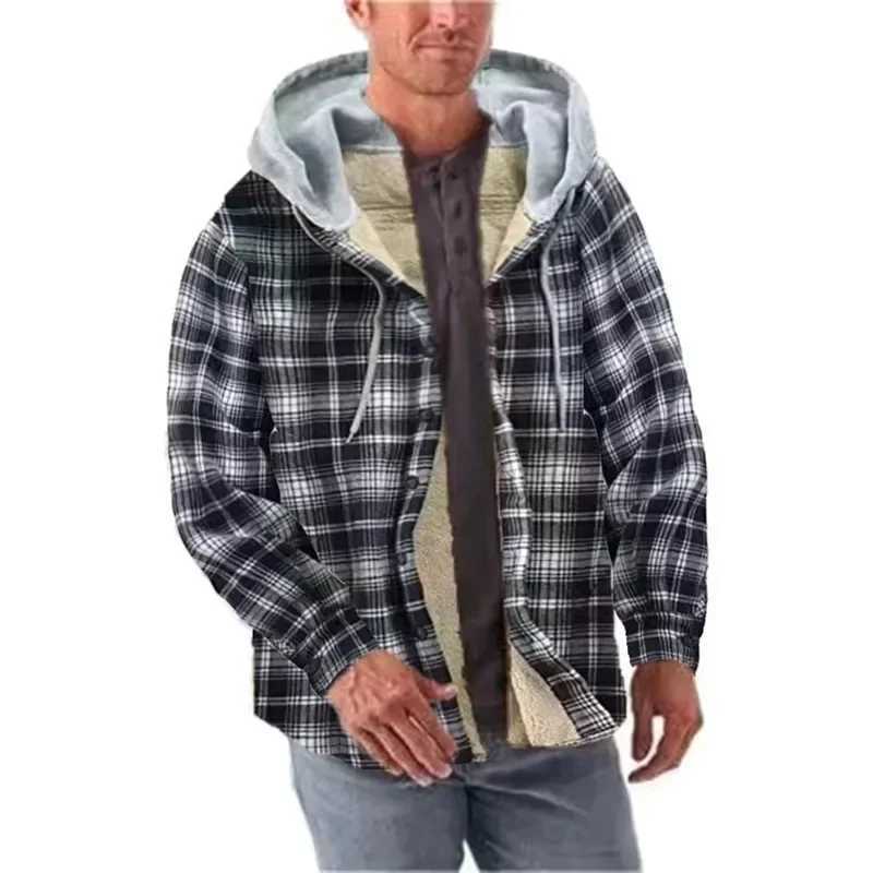 The New Plaid and Fleece Long Sleeve Hooded Combined Fleece Loose Mens Jacket Winter Jacket Men Jackets M240921