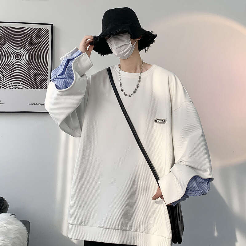 2024 Trendy Round Neck Label Hoodie Men's Spring Large Retro Striped Shirt Sleeve Splicing Top