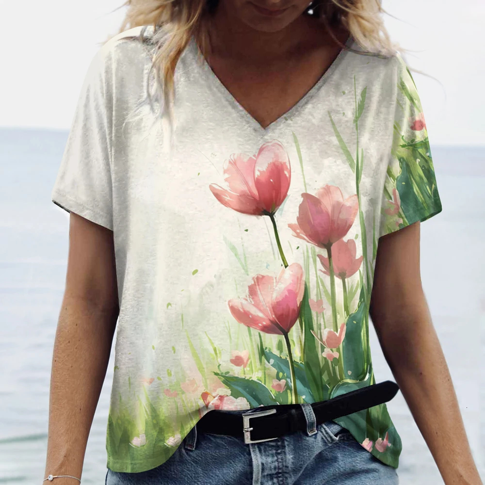 2024 new designer fashionable tulip 3D printed summer casual V-neck shirt retro women's plus size top free shipping