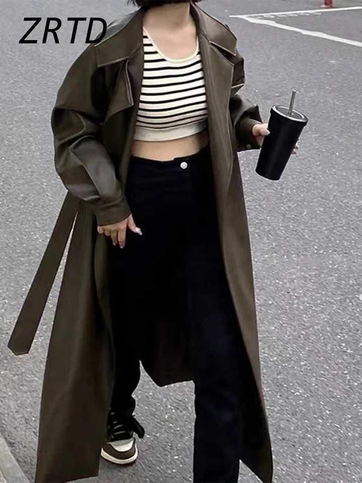 Elegant Belt Womens Leather Overcoat Loose Lapel Long Sleeve Lace Up Solid Windbreaker 2024 Autumn Winter Lady Street Long CoatX240921