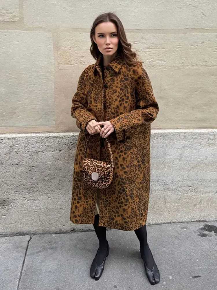Vintage Leopard Print Single Breasted Trench Womens Coats Fashion Lapel Long Sleeves Pockets Jackets Autumn Lady Long OutwearX240921