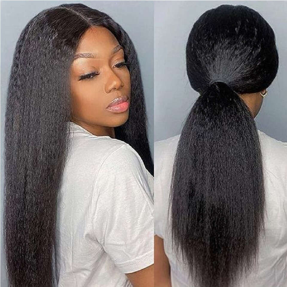 13x4 Kinky Straight Front Wig PrePlucked 180% Density Yaki Transparent Lace Frontal Human Hair Wigs For Women On Sale