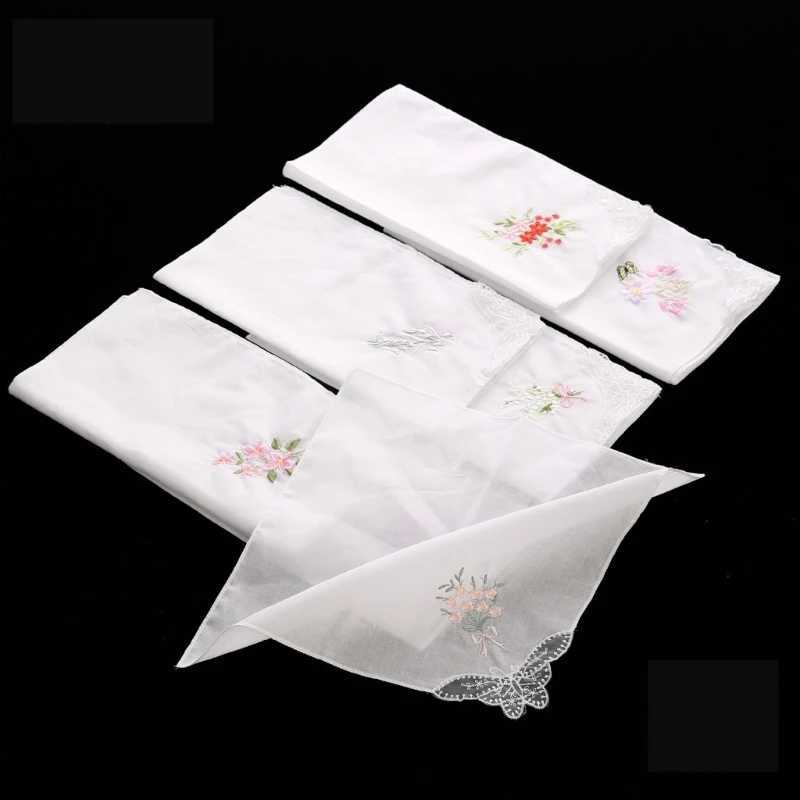 Cotton Ladies Handkerchiefs Vintage Floral Style Lace Edging Wedding Party Embroidery Women Girls Flower Hanky 28cm WholesaleX240921