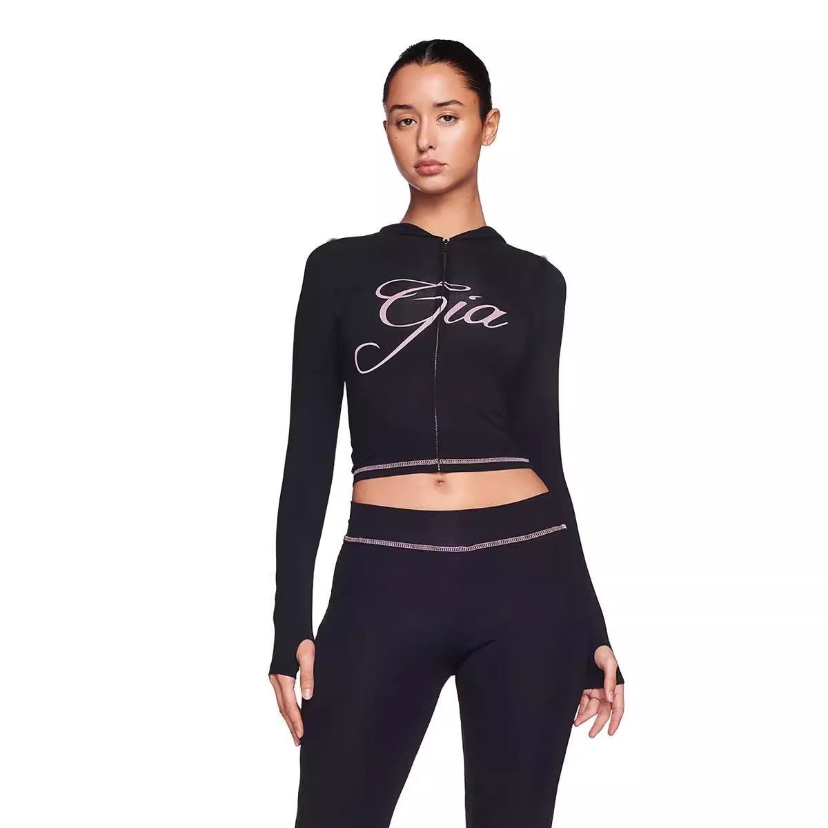 10A Women yoga Iamgia Style 2 piece set bell bottoms high tracksuit for women long sleeve top and low waisted micro social setting s3