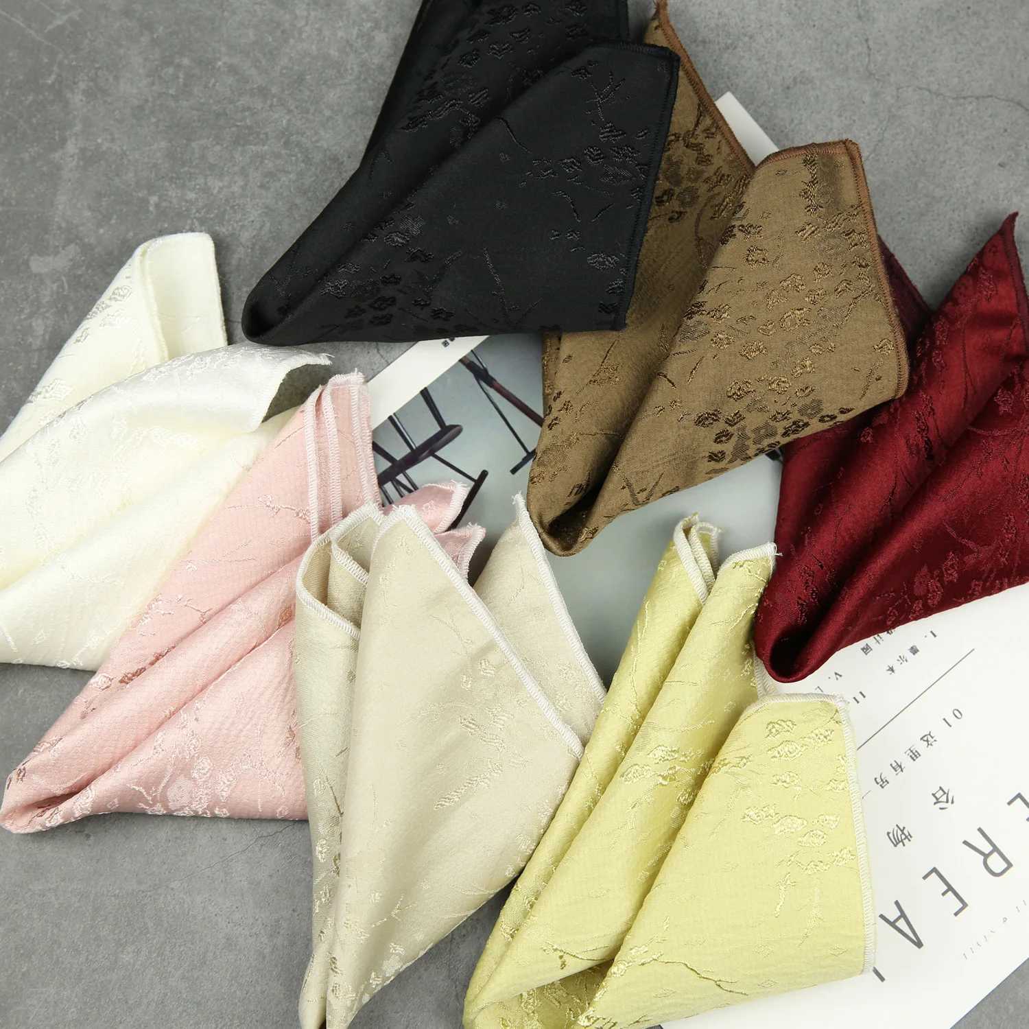 Black White Pocket Square Dark Flower Pattern Solid Color Handkerchief Men Suit Business Chest Scarf Polyester Wine Hanky CravatX240921