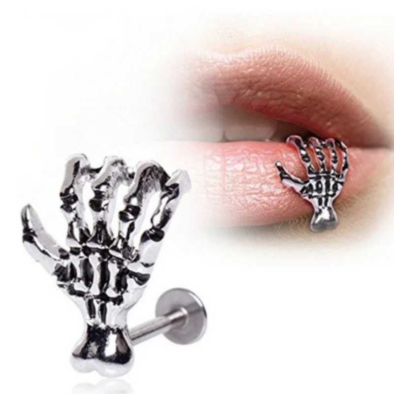 Skull Devil Hand Lip Piercing Jewelry Skeleton Labret for Women Men Palm Stud Earrings Christmas Gift Hot Unique Punk Metal 1pc Y240921