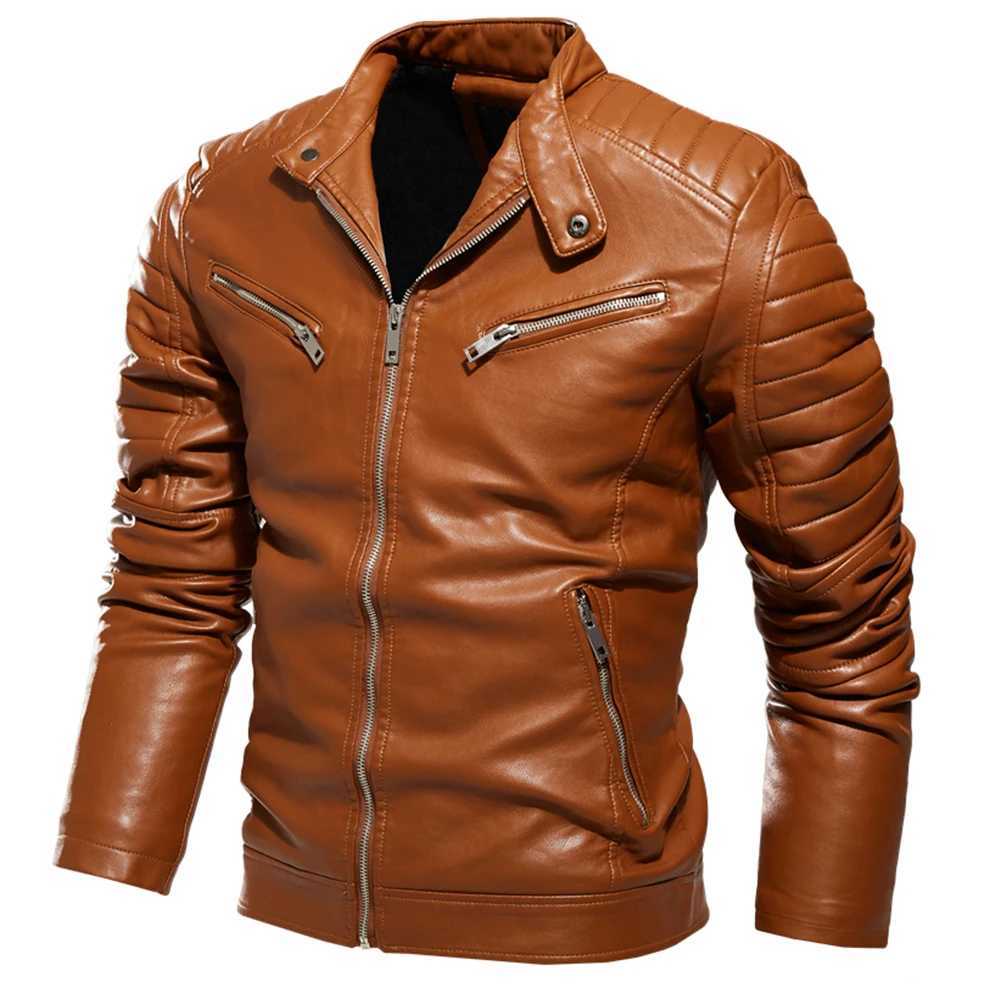 Mens fur lined warm motorcycle jacket ultra-thin street fashion black bicycle jacket with pleated design zipper 2024 winter black leather jacket W2409