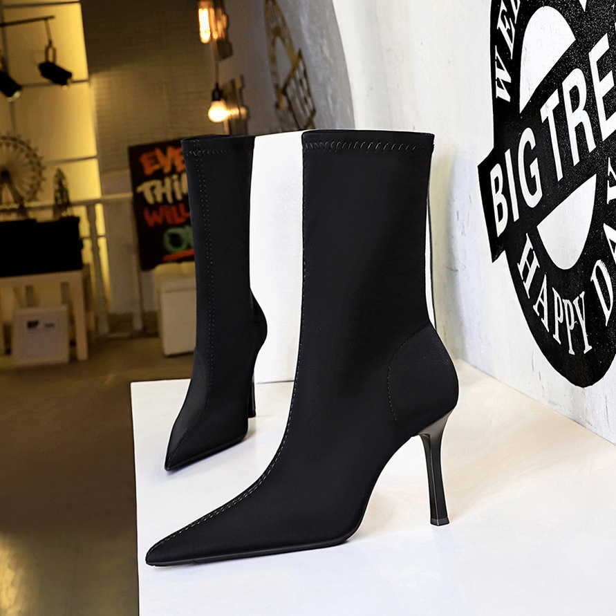 CMM Fashion Banquet Slimming and Minimalist High Heeled Short Boots Pointed Elastic Lycra High Heels