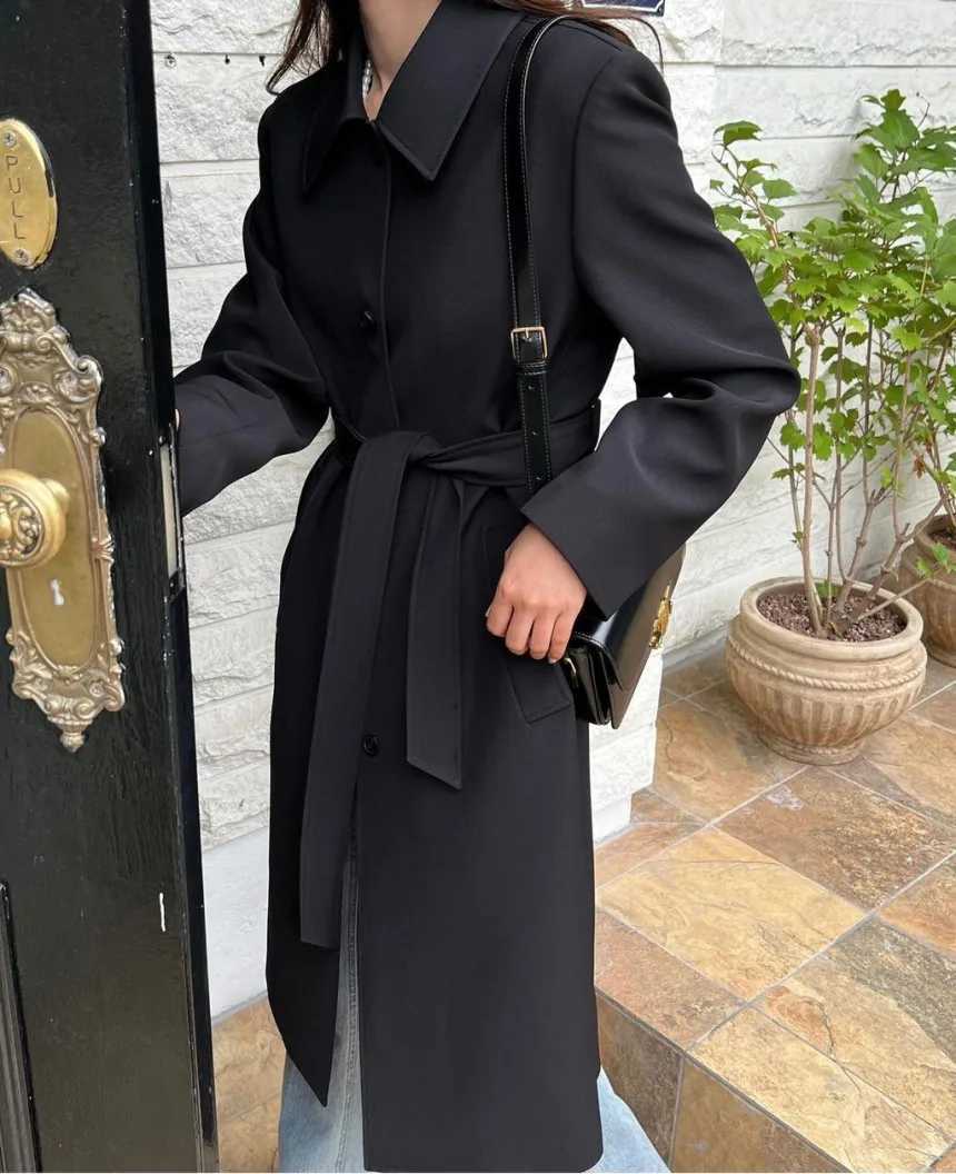 Autumn Winter Single Breasted Lace Up High Waist Cinched Long Windbreaker Coat Womens TrenchX240921
