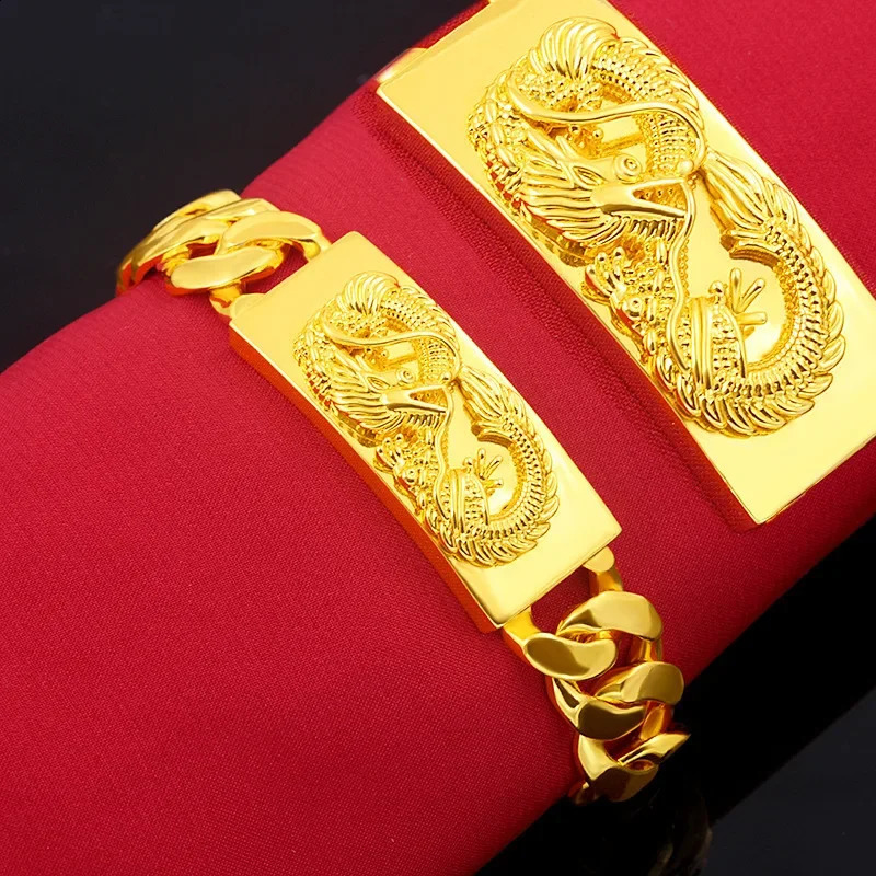 Pure gold Kcolor original mens bracelet square dragon pendant party banquet jewelry wedding 240912
