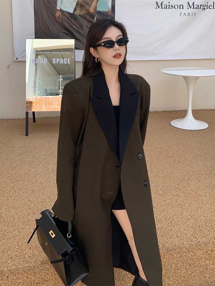 Stylishe Women Long Trench Coat Buttons Patchwork Elegant Brown Loose Blazer Jacket Female Autumn Korean Office Lady Coats ChicX240921