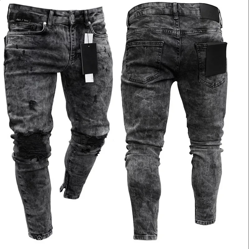 Biker Jeans Mens Distressed Stretch Ripped Biker Jeans Men Hip Hop Slim Fit Holes Punk Jeans Zipper Pure Color Denim Pants 240921