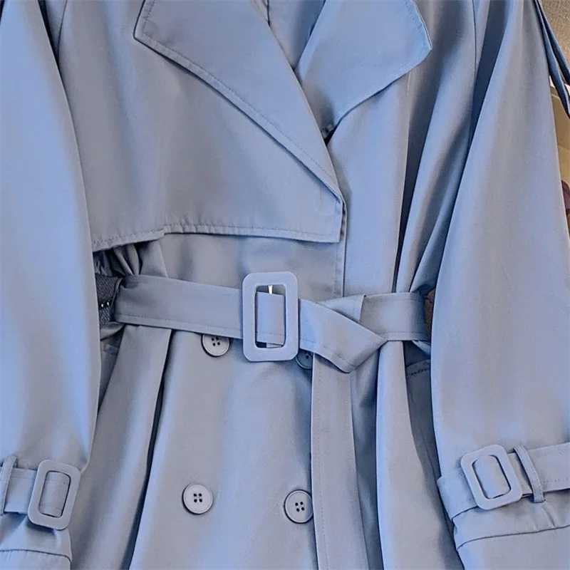 Spring Women Mid-Length Blue Trench Coat With Belt Korean Casual Double-breasted Lapel Long Sleeve Elegant Female WindbreakerX240921