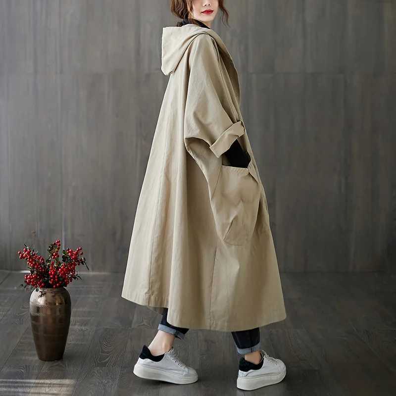 Womens Oversized Cotton Windbreaker Hooded Long Trench Coat Streetwear Coat For WomenX240921