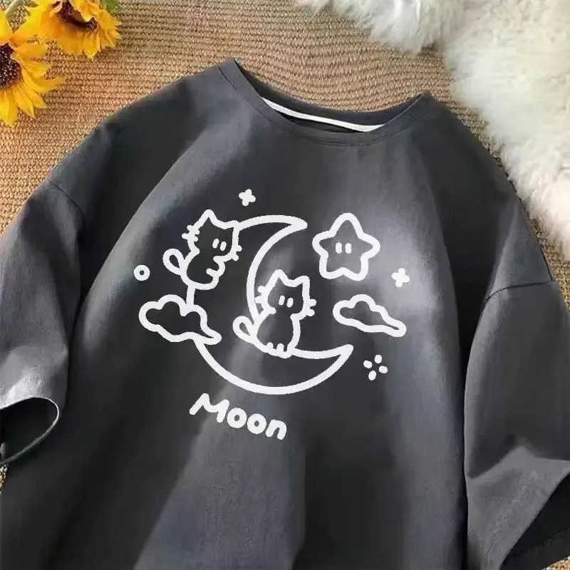 2024 Summer Personalized Street Trendy Casual Couple Plus Size Short Sleeve Korean Cartoon Cat Printed Women's Pattern T-shirt Top Free Shipping