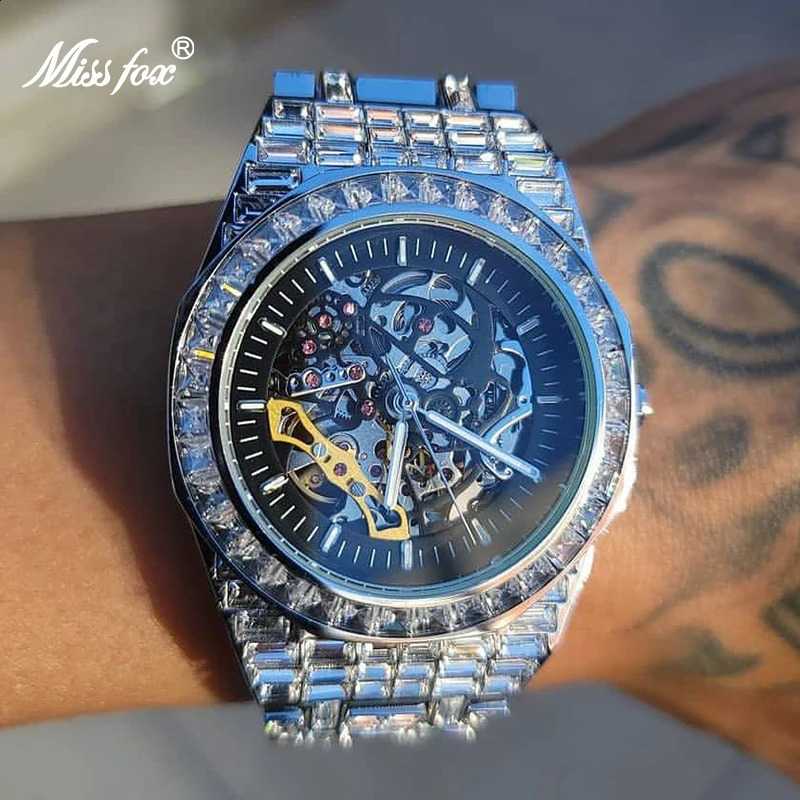 Skeleton Watch with Baguette Bezel Bracelet Mechanical Men Wristwatches Top Diamond Ice Out Automatic Watches 240909