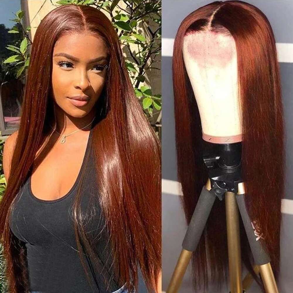 Reddish Brown Front Straight 13x4 Colored Human Hair Wigs 180% Full Density Copper Red Lace Frontal Wig