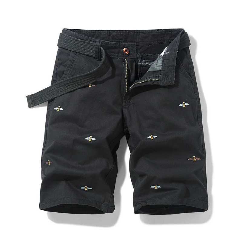 Summer Casual Shorts Men Solid Color Embroidery Pattern cargo Shorts Cotton Beach Print Shorts Men Bermuda Overalls Pocket PantsX240921