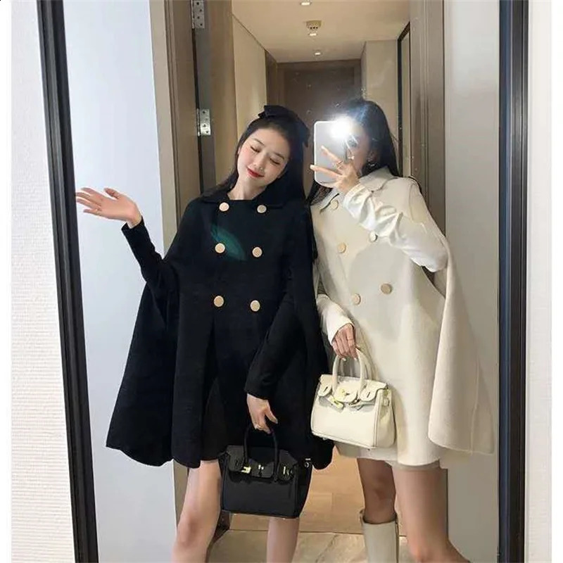 Fashion Woolen Poncho Coats for Women Autumn Winter Solid Cape Cloak Coat Loose Overcoat Female Double Breasted Lapel Jackets 240921 64
