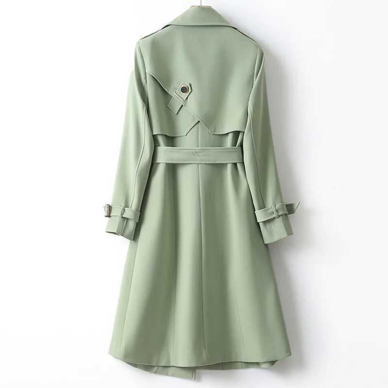 Elegant Long Coats and Jackets Women Light Green Lapel Belted Spring Autumn Trench Coat Office Lady Windbreaker New in OuterwearX240921