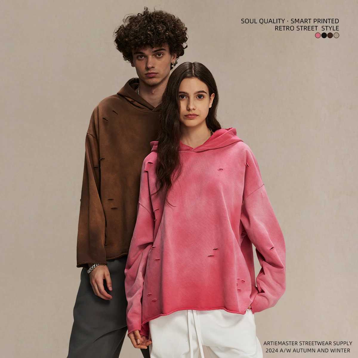 Men's Hoodies Sweatshirts Irregular holes on the original edge of an old washed monkey hair hoodie J240921