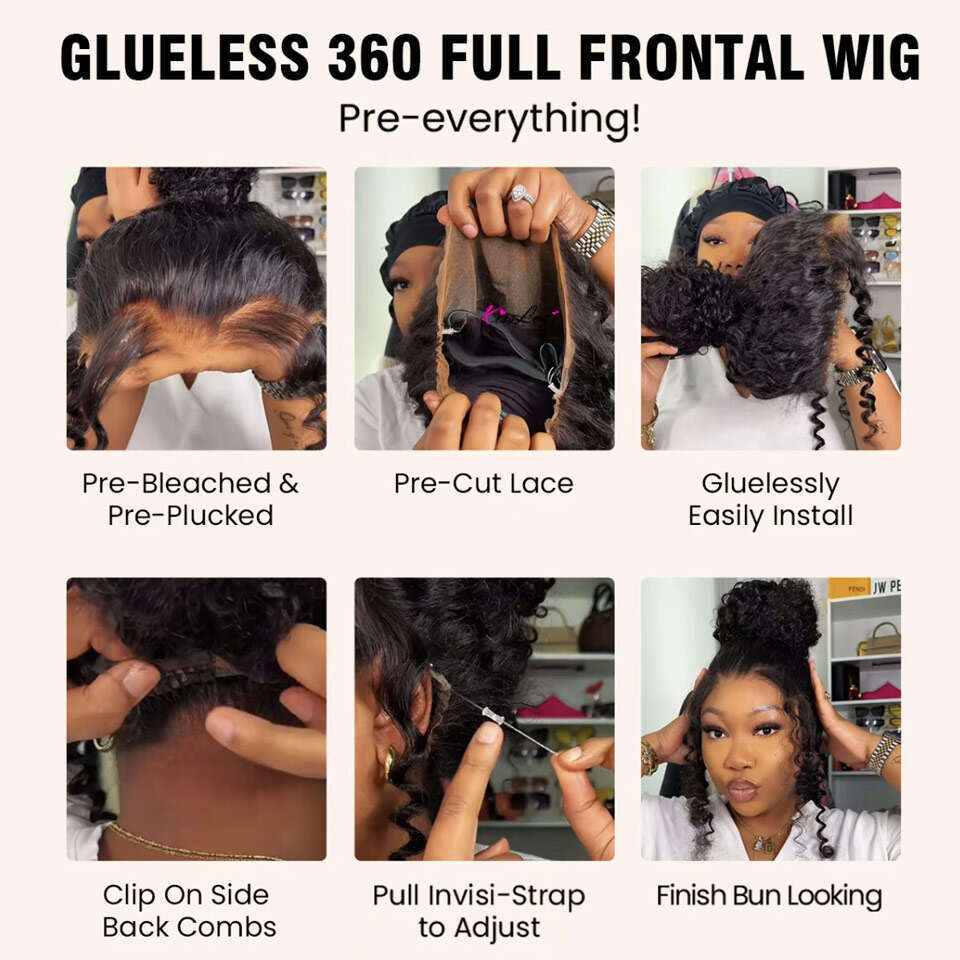 Deep Wave Invisi Strap Snug Fit 360 Transparent Frontal Bleached Knots Pre Cut Lace Wig Glueless Human Hair Ready To Go