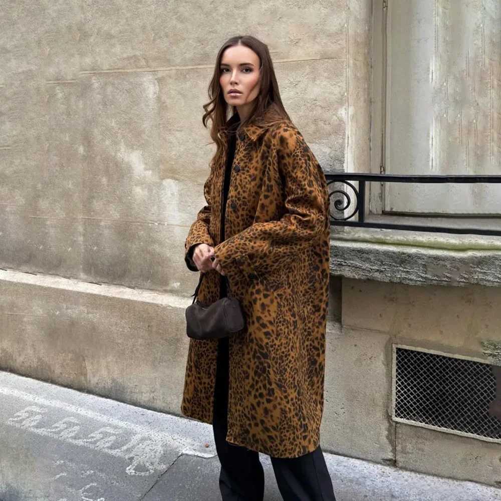 PRINTKAOIR 2024 Autumn Leopard Print Women Oversize Trench Long Sleeve Mid Length Loose Jacket Female Coat Streetwear Y2KX240921