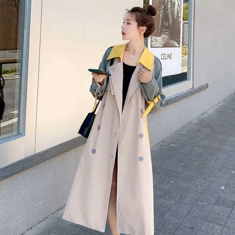 Female Spring Autumn New England Style Drape Trench Coat Color Block Windbreaker Jacket Womens Mid-LengthX240921