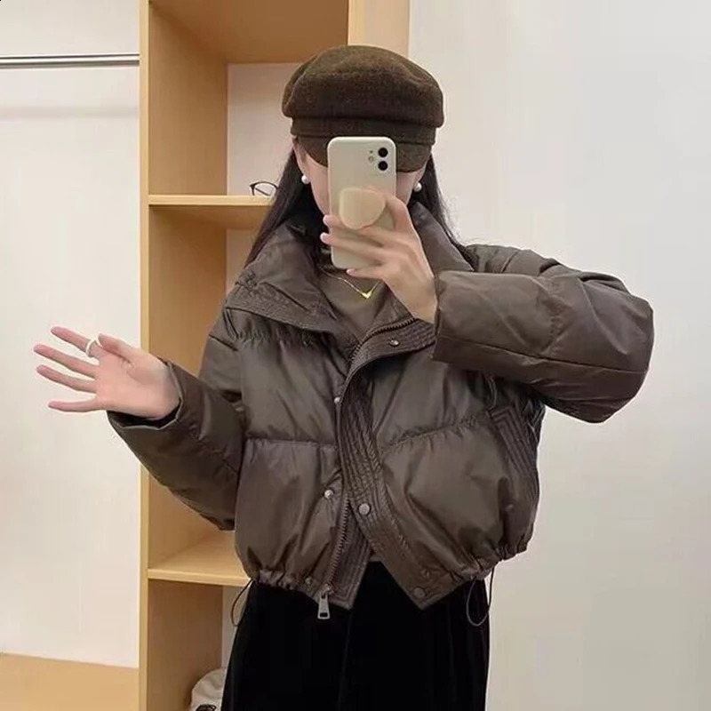 Winter Warm Thick Parka Fashion Loose Crop Jacket Female Black Cotton Padded PU Leather Elegant Zipper Coat Y2K Tops 240919