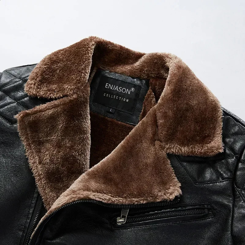 Fashion Warm Winter Mens Leather Jacket with Fur Collar Thicken Fleece Motorcycle Coat Casual Faux Leather Locomotive Jacket 240911