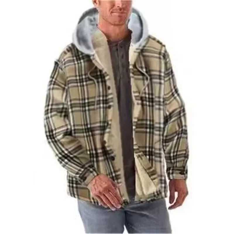 The New Plaid and Fleece Long Sleeve Hooded Combined Fleece Loose Mens Jacket Winter Jacket Men Jackets M240921