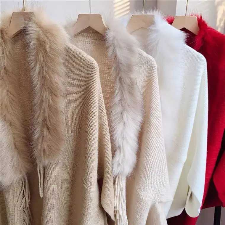 Fur collar winter shawl and wrap Bohemian edge oversized womens winter raincoat and shawl bat sleeve cardigan W240921