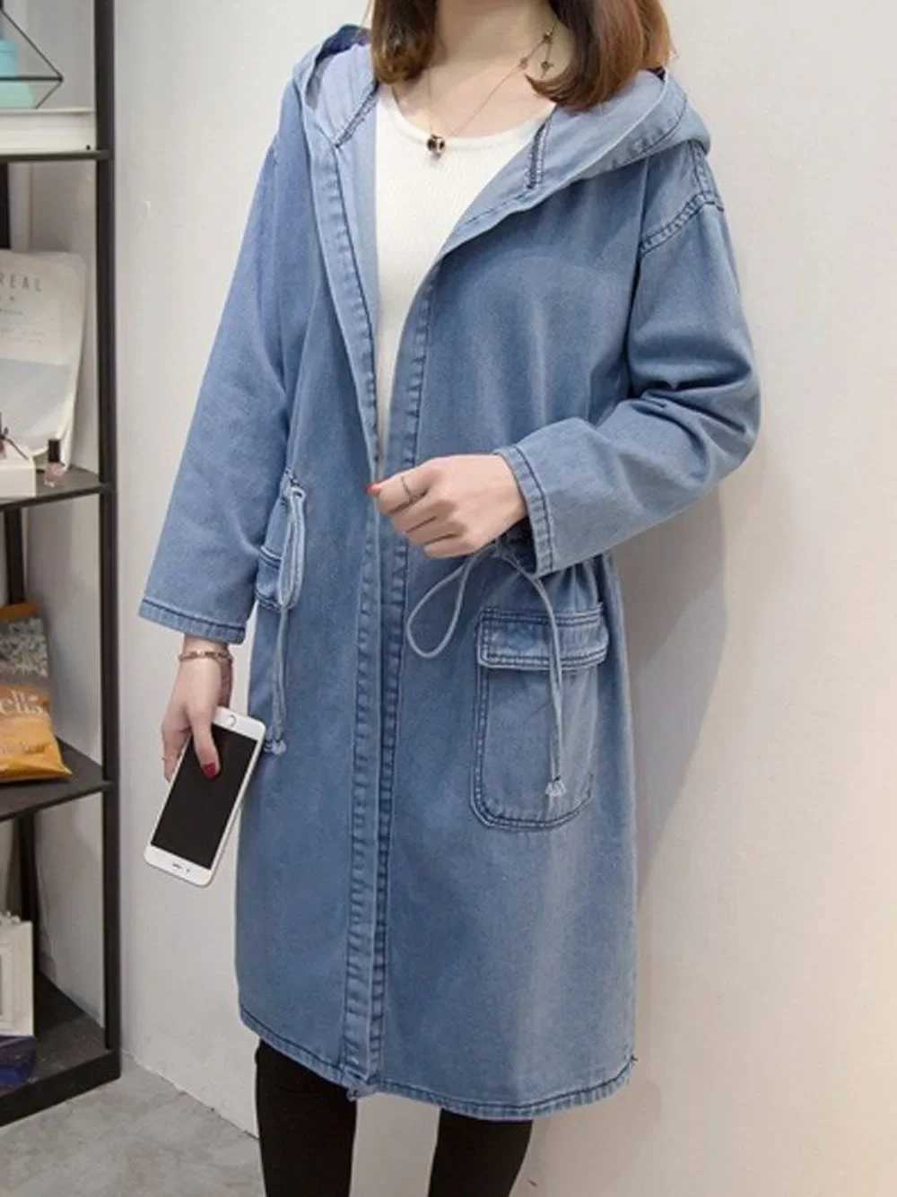 Hooded Jacket Jean Woman Cloak Denim Windbreaker Spring Autumn New Denim Jacket Female Long Loose CoatX240921
