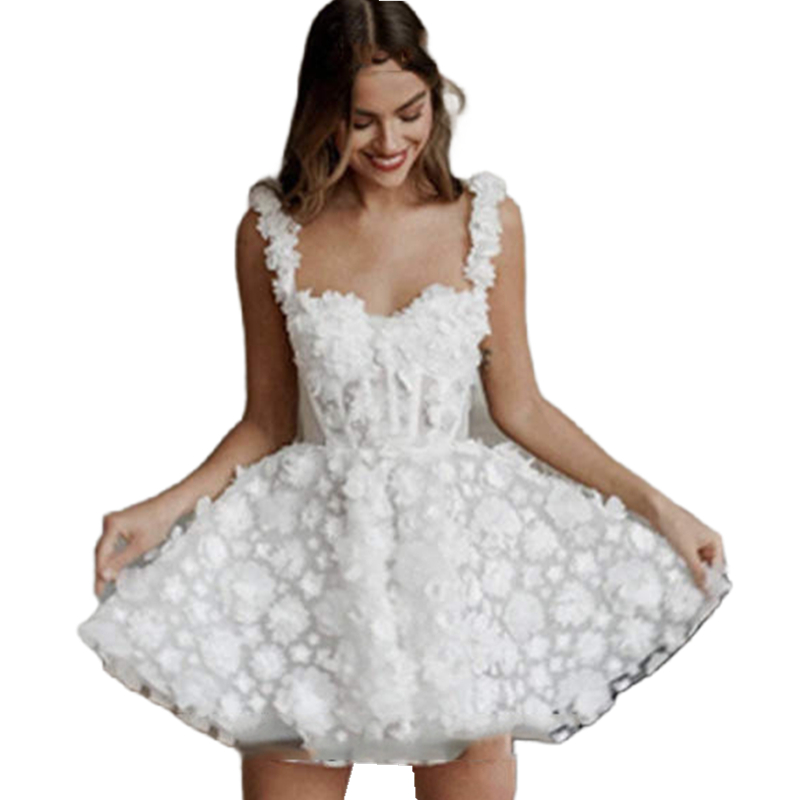 White Short A Line Boho Wedding Dresses 3D Floral Appliques Mini Garden Bridal Gowns Romantic Summer Beach Bride Wear Spaghetti Straps Sweetheart Neck