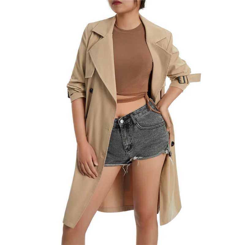 Ladies Casual Wind Coat Spring Autumn Girls Solid Color Long Sleeve Lapel Double-breasted Trench Outwear with Belt Khaki/GreenX240921