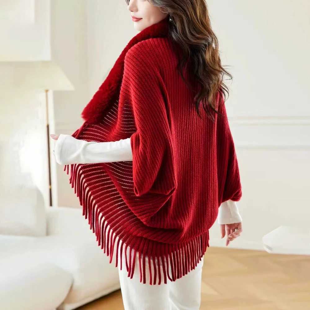 Womens Raincoat Spring Automatic Wool Knitted Artificial Fur Collar Tassel Shawl Cloak Elegant Loose High Quality Wrap Open Collar Warm Coat W240921