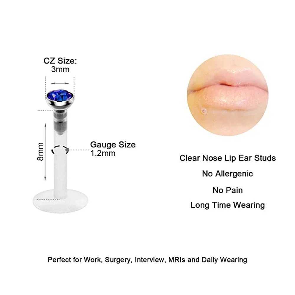 20pcs Tragus Retainer Clear Lip Studs Flexible Acrylic 2mm CZ Gem Labret Monroe Lip Ring/Helix/Cartilage Earring Stud Y240921