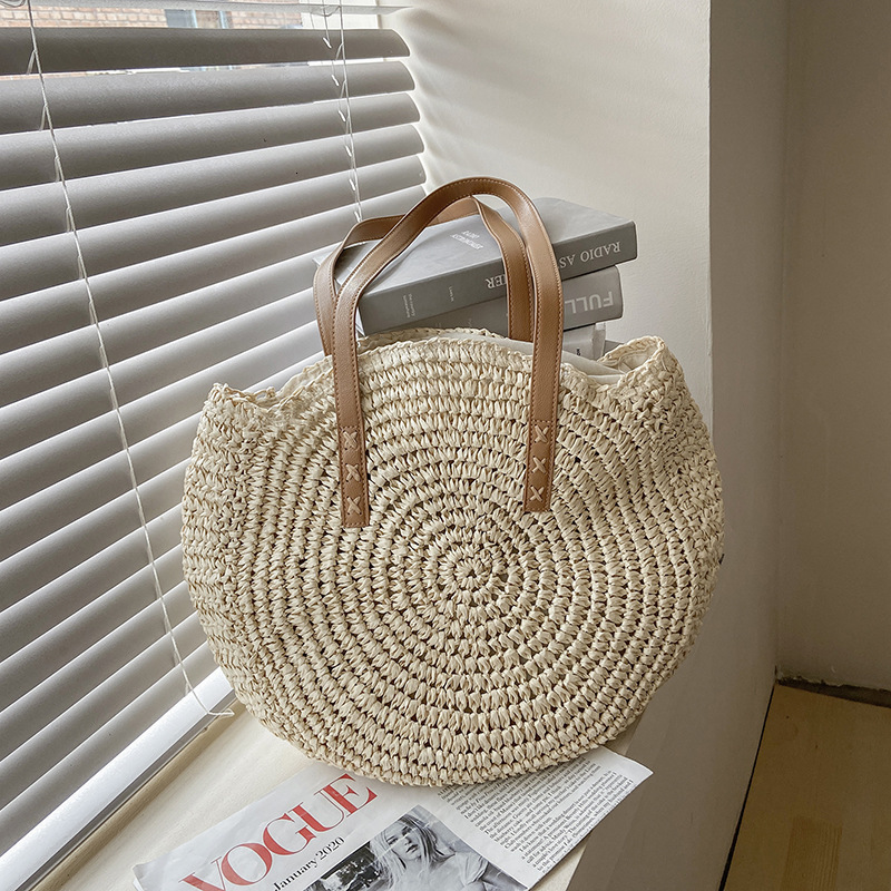 Summer Round Straw Bags for Women Rattan Shoulder Travel Handmade Woven Beach Handbags Female Large Capacity Totes Bag