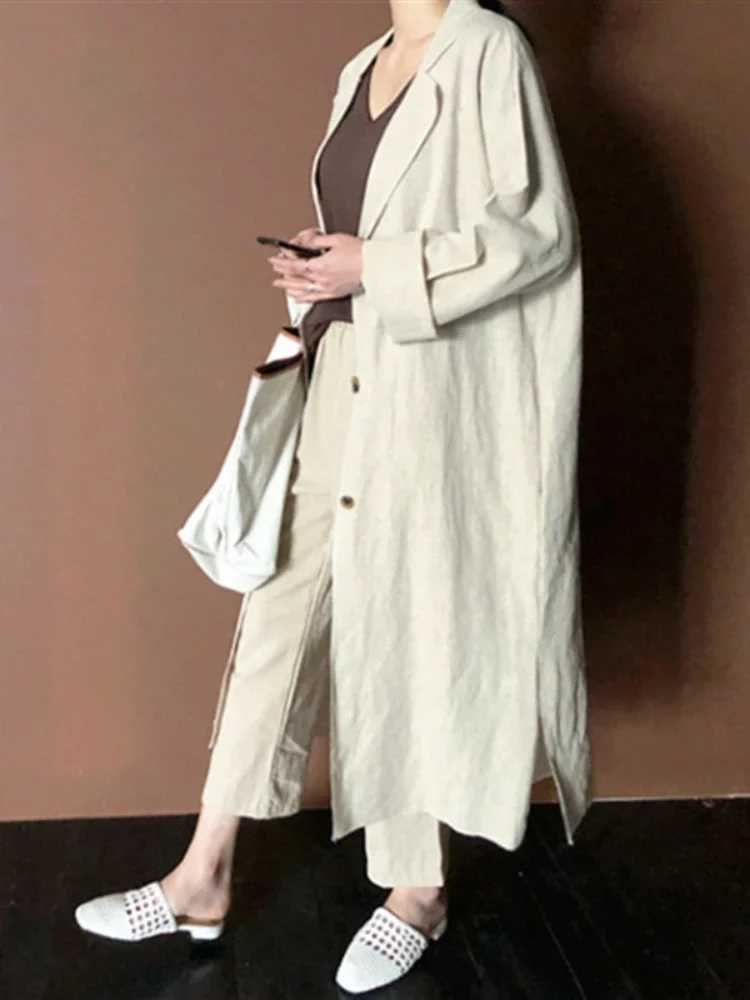 Trench Coat Suit Collar Single-breasted Solid Color Long Coat Women Fashion Elegance Leisure Womens Clothing New in OuterwearsX240921