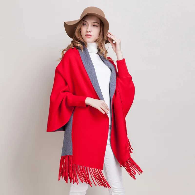 Womens raincoat with sleeves tassel knit shawl plus size cardigan winter long coat MUJI W240921