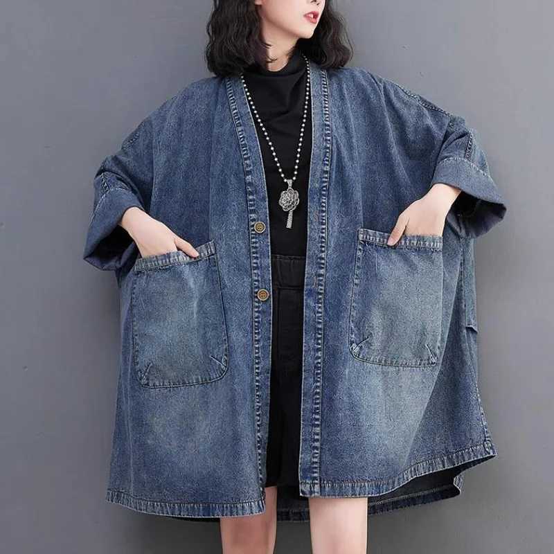OHRYIYIE Large Size 6XL Vintage Denim Jackets Women 2023 Fashion Big Pocket Jean Jacket Female Blue Loose Oversize Trench CoatX240921