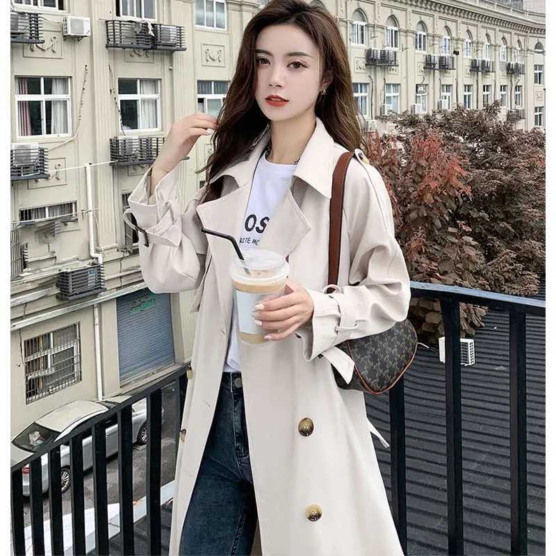 Korea Casual Khaki Long Women Trench Coat Autumn Turn Down Collar Double Breasted White Women Windbreaker Overcoat With BeltX240921