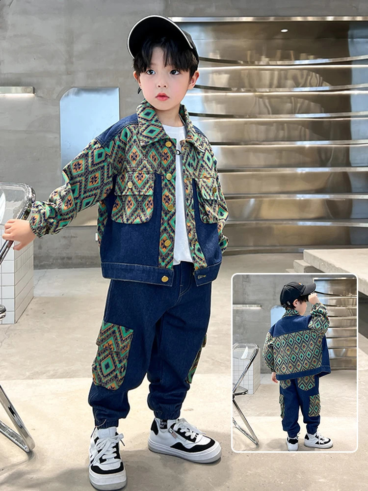 Boys Spring Suit Denim Two Piece Set Spring Fashion Kids Denim Childrens Autumn Jeans Cool Handsome Baby Clothes 240913