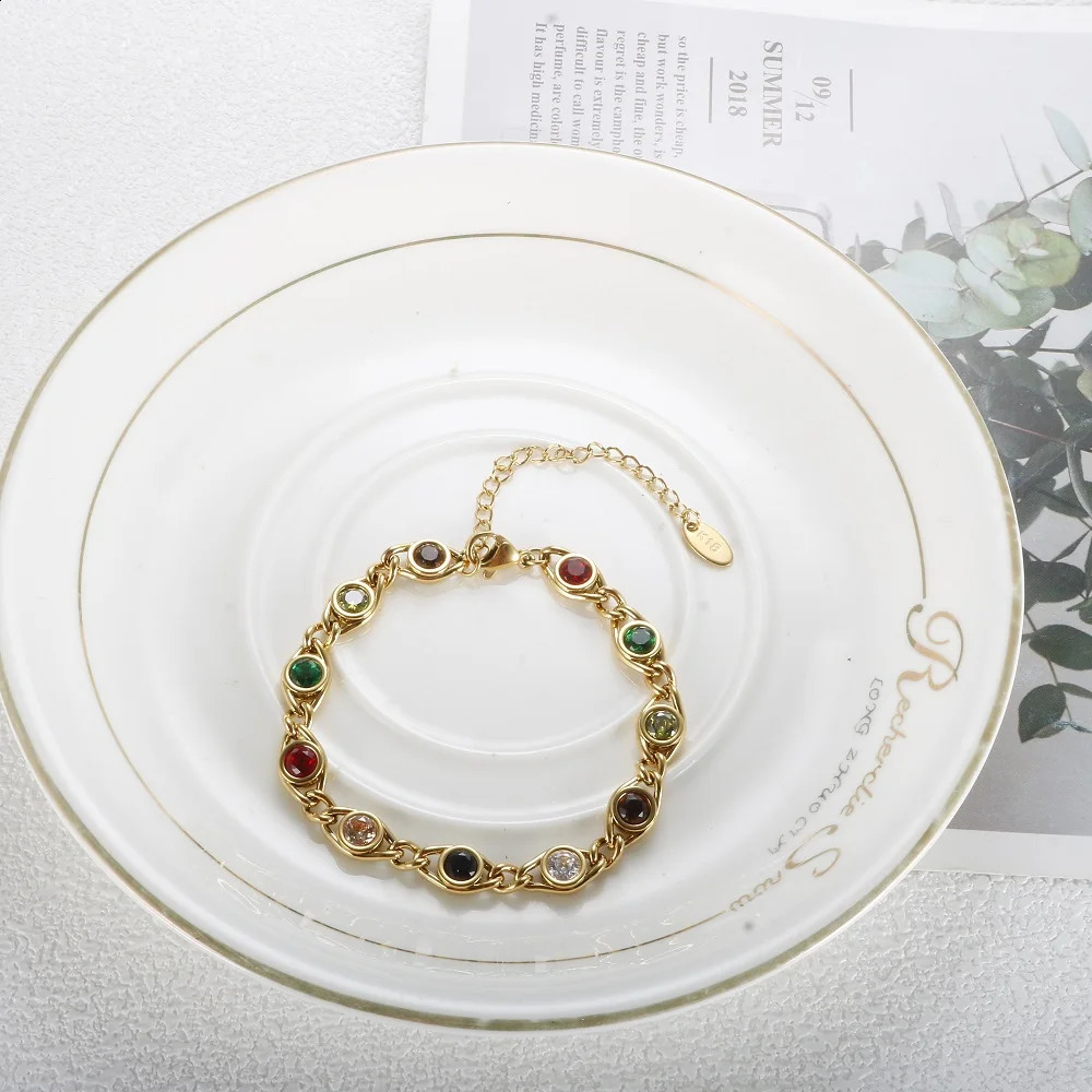 Exquisite Colorful Zircon Bracelet Stainless Steel Gold Plated Jewelry for Women Fade Resistant Wholesales Trendy Gift 240919